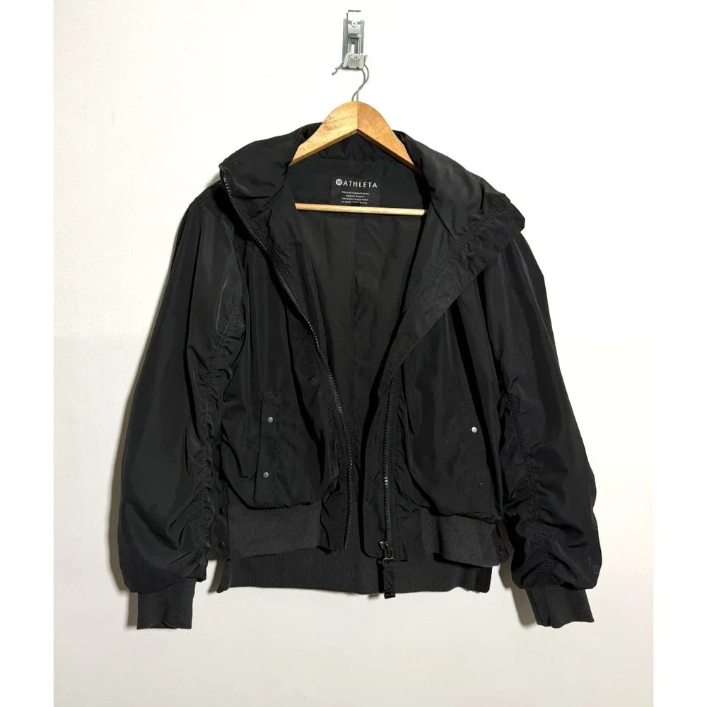 Athleta Jetset Bomber Jacket Womens Small Black Full Zip Hidden Hood